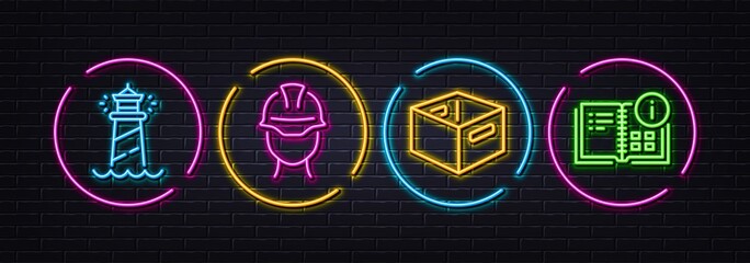 Poster - Foreman, Office box and Lighthouse minimal line icons. Neon laser 3d lights. Instruction info icons. For web, application, printing. Engineer person, Delivery box, Searchlight tower. Project. Vector