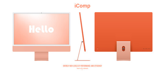 Poster - computer monitor orange color with colored screen saver front, back and side view isolated on white background. realistic and detailed mockup of display for system unit. stock vector illustration