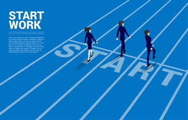 Poster - ready to start career and business. Silhouette of businesswomen and businessman walking from start line.