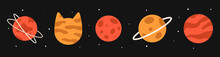 Vector Planet Set In Flat Style. Orange And Red Planets With Spots, Stripes And Rings. Planet In The Shape Of A Cat.