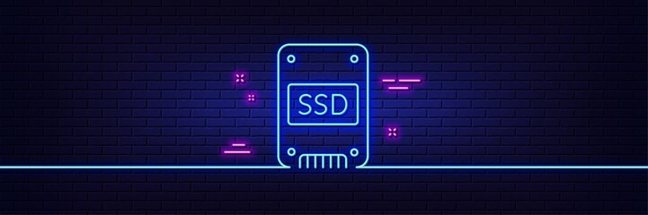 Poster - neon light glow effect. ssd icon. solid-state drive sign. storage disk symbol. 3d line neon glow ico