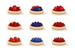 Set different tarts. Different tartlets with berries. Strawberries, raspberries, blackberries, blueberries, currants, cherry on cakes