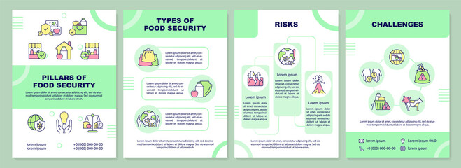 Pillars of food security brochure template. Risks and challenges. Leaflet design with linear icons. 4 vector layouts for presentation, annual reports. Arial-Black, Myriad Pro-Regular fonts used