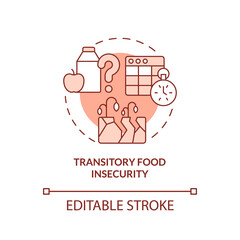 Transitory food insecurity red concept icon. Types of food insecurity abstract idea thin line illustration. Isolated outline drawing. Editable stroke. Arial, Myriad Pro-Bold fonts used