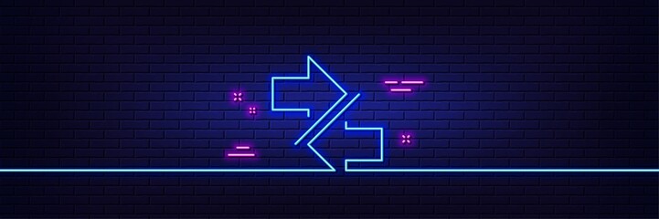 Poster - Neon light glow effect. Synchronize arrows line icon. Communication Arrowheads symbol. Navigation pointer sign. 3d line neon glow icon. Brick wall banner. Synchronize outline. Vector