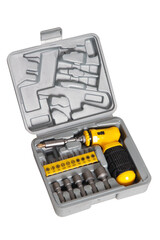 A screwdriver with a pistol grip with replaceable nozzles