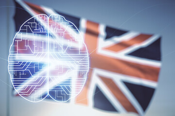 Poster - Virtual creative artificial Intelligence hologram with human brain sketch on flag of Great Britain and sunset sky background. Multiexposure