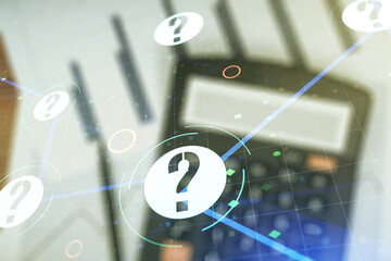 Aufkleber - Abstract virtual question mark hologram on blurry calculator and papers background, future technology concept. Multi exposure