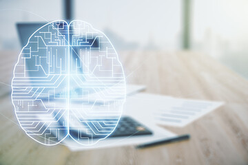 Poster - Virtual creative artificial Intelligence hologram with human brain sketch on calculator and laptop background. Multiexposure