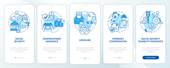 Wall Mural - Federal social insurance blue onboarding mobile app screen. Payment walkthrough 5 steps graphic instructions pages with linear concepts. UI, UX, GUI template. Myriad Pro-Bold, Regular fonts used