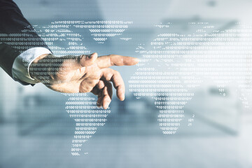 Poster - Man hand working with abstract creative world map interface on blurred office background, international trading concept. Multiexposure