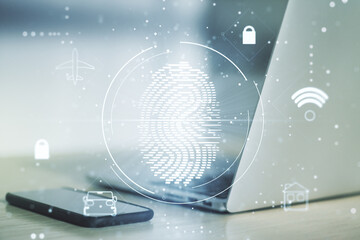 Aufkleber - Multi exposure of creative fingerprint hologram on laptop background, personal biometric data concept