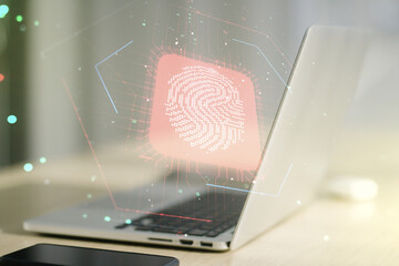 Aufkleber - Double exposure of abstract creative fingerprint hologram on laptop background, research and development concept