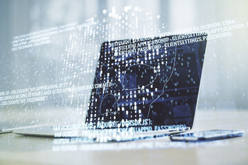 Poster - Creative code skull hologram on modern computer background, cybercrime and hacking concept. Multiexposure