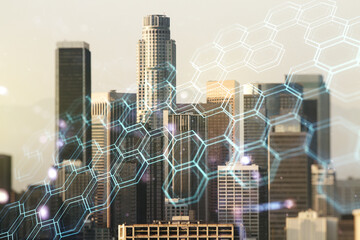 Poster - Abstract virtual wireless technology hologram with hexagon on Los Angeles skyline background. Big data and database concept. Multiexposure