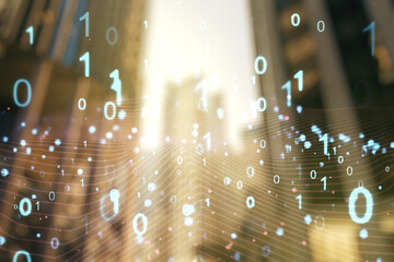 Aufkleber - Abstract virtual binary code illustration on office buildings background. Big data and coding concept. Multiexposure