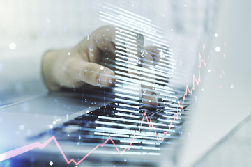 Poster - Creative Bitcoin concept with hands typing on computer keyboard on background. Double exposure