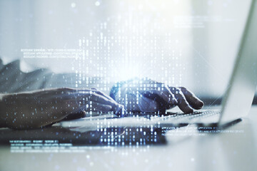 Poster - Creative code skull hologram and hands typing on computer keyboard on background, cybercrime and hacking concept. Multiexposure