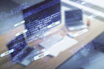 Poster - Abstract creative coding concept with world map and modern desktop with computer on background. Multiexposure
