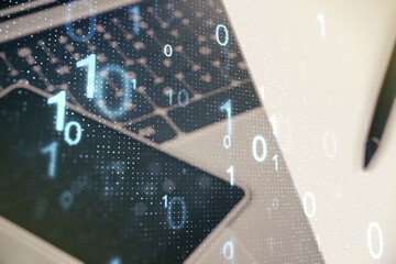 Aufkleber - Creative abstract binary code sketch on modern laptop background, hacking and matrix concept. Multiexposure