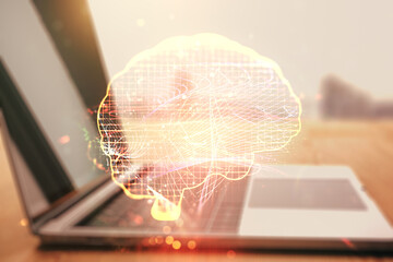 Poster - Creative artificial Intelligence concept with human brain sketch on modern computer background. Double exposure