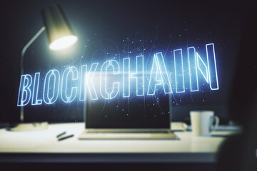 Poster - Creative abstract blockchain technology sketch on modern laptop background, future technology and blockchain concept. Double exposure
