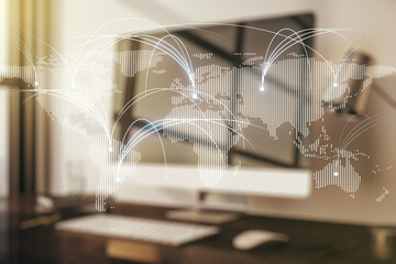 Leinwandbilder - Double exposure of abstract digital world map with connections on laptop background, research and strategy concept