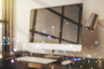 Poster - Creative concept of wireless technology on modern laptop background. Big data and database concept. Multiexposure
