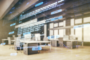 Poster - Multi exposure of abstract software development hologram on modern corporate office background, research and analytics concept