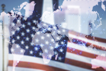 Poster - Multi exposure of abstract creative digital world map hologram on USA flag and blurry skyscrapers background, research and analytics concept