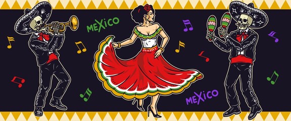 Poster - Mariachi colorful vintage concept with performers