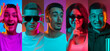 © master1305 - Set of closeup portraits of young excited multiethnic people on multicolored background in neon. Concept of human emotions, facial expression, sales.