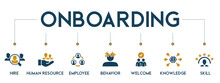 Onboarding Banner Web Icon Vector Illustration Concept For Human Resources Business Industry To Introduce Newly Hired Employee Into An Organization With Behavior, Welcome, Knowledge, And Skills Icon 