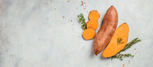 Louisiana Beauregard Sweet Potatoes, Organic Orange Sweet Potato Or Batatas. Vegan Food Ingredient. Long Banner Format. Top View