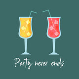 Fototapeta  - Two glasses of summer cocktails and an inscription Let's go to the pary. Cute trendy illustration for invitation to the party, design of bar.
