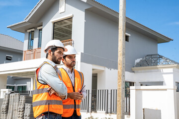 Poster - Engineer working on construction building site,Architects discussing project of building outdoors.