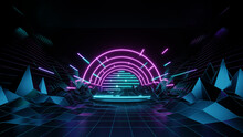 3d Abstract Neon Background, Geometric Background With Polygonal Structure, Cyber Space Virtual Reality, Podium Show Products, Place For Product, Colored Neon Lights, Retro Sci-fi Style