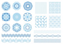 Guilloche Rosettes, Borders, Seamless Patterns, Money Watermarks. Guilloches Elements, Banknote And Certificate Security Watermark Vector Set. Abstract Shapes For Legal Documents Protection