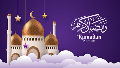 Wall Mural - Ramadan Kareem Arabic calligraphy with 3d modern mosque in clouds. Islamic holiday banner in purple background design vector illustration