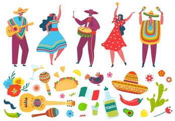 cinco de mayo fiesta elements, mexican people in traditional clothes. mexico festival celebration, m