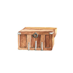 Wooden, open chest. Watercolor illustration. Iron castle