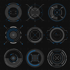 Poster - Futuristic optical aim, HUD compass, collimator sight, targets focus, military aim system, pointers, targets infographic elements. Sci Fi user interface. Elements of HUD game navigation