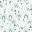 Seamless childish pattern with cute rainbow, stars, dots. Creative scandinavian kids texture for fabric, wrapping, textile, wallpaper, apparel. Vector illustration