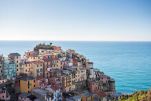 View Of Manarola, A Beautiful Town Along The Coast Of Cinque Terre With Colourful Buildings, Liguria, Italy.