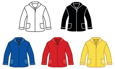 Wall Mural - Raincoat or Rain Jacket Clipart Set - Outline, Silhouette and Color