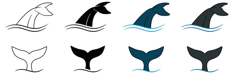 Wall Mural - Whale Tail from Front and Side Clipart Set - Outline, Silhouette and Color