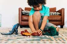 Young Boy Playing With His Toys On The Living Room Floor