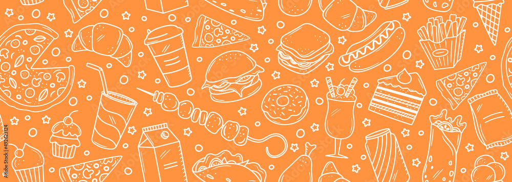 Seamless vector banner with outline fast food icons. Background with ...
