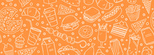 Seamless Vector Banner With Outline Fast Food Icons. Background With Hand Drawn Drawings Pizza, Burger, Hotdog, Ice Cream, Soda, Coffee. Sketch Food Pattern. Doodle Silhouettes Of Takeaway Elements