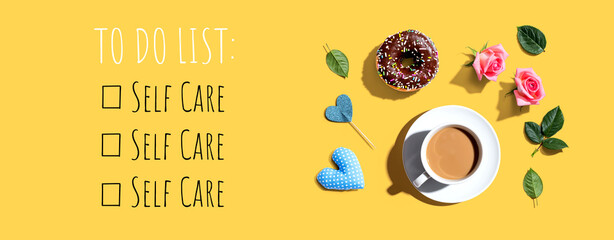 Wall Mural - Self Care - To Do List with a cup of coffee and a donut - flat lay